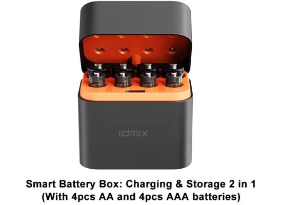 IDMIX Rechargeable Battery Set with 8pcs AA X4 + AAA X4 1.5V lithium batteries Smart Battery Box Charging & Storage 2 in 1 1200+ cycles